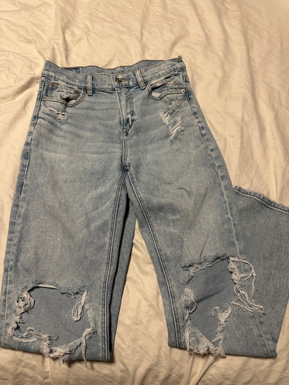 American Eagle Light Blue Distressed Super High Rise Anke Straight Jeans